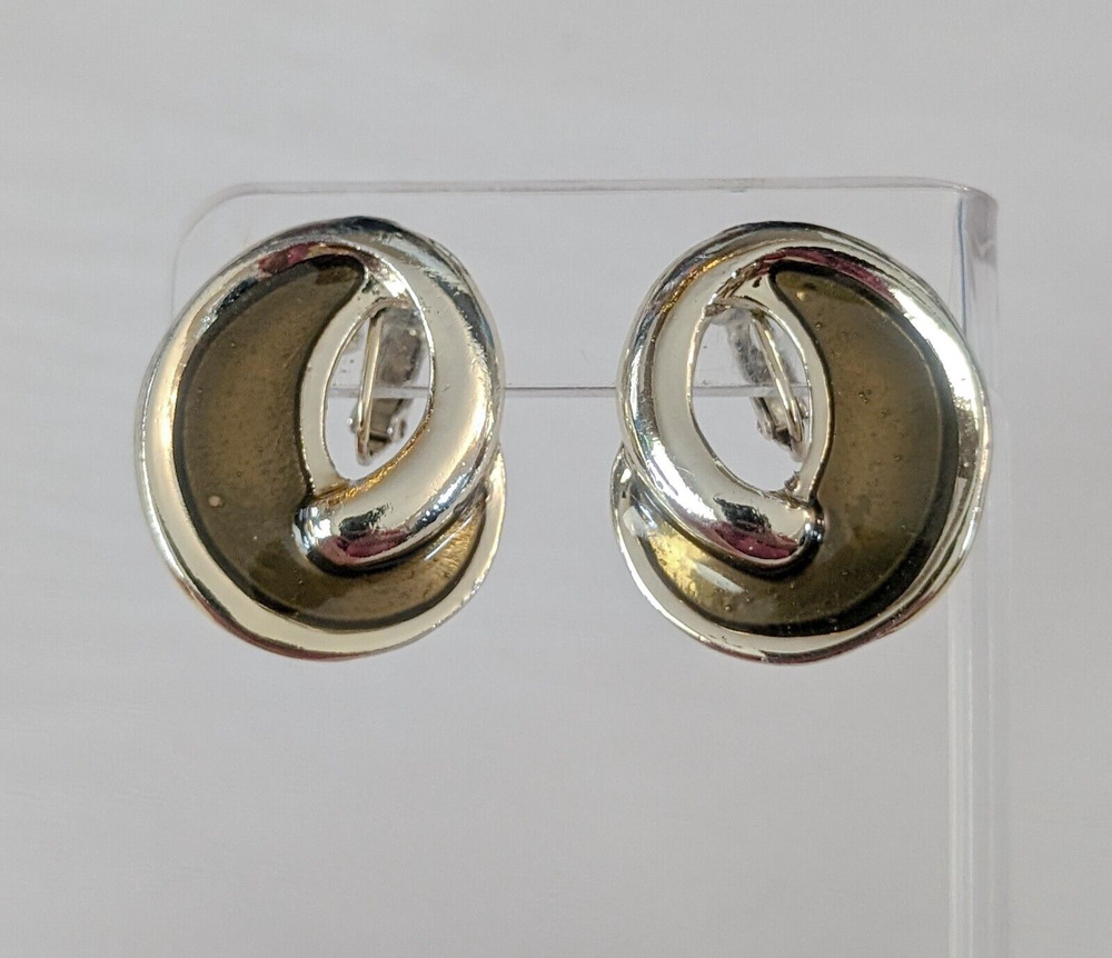 Vintage Clip On Earrings - Large Bronzey Green Swirl Like Earrings